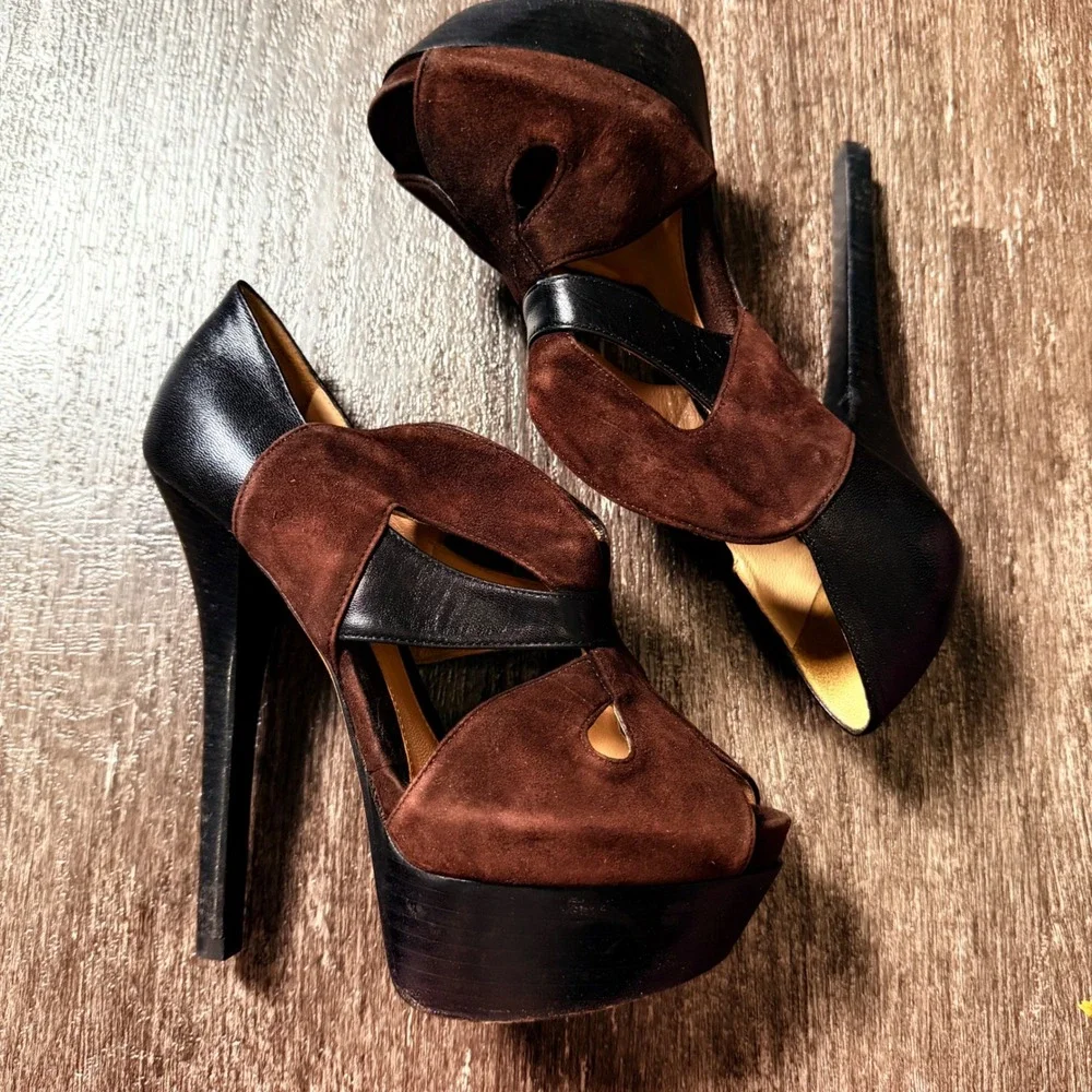 Fendi Platform Heels Womens 36.5 Brown Suede Black Leather Peep Toe Cutout Italy